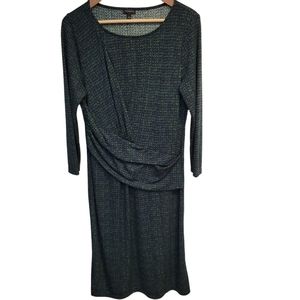 Talbots Dark Green Tweed Print Jersey Dress L Ruched Wrap Top 3/4 Sleeves